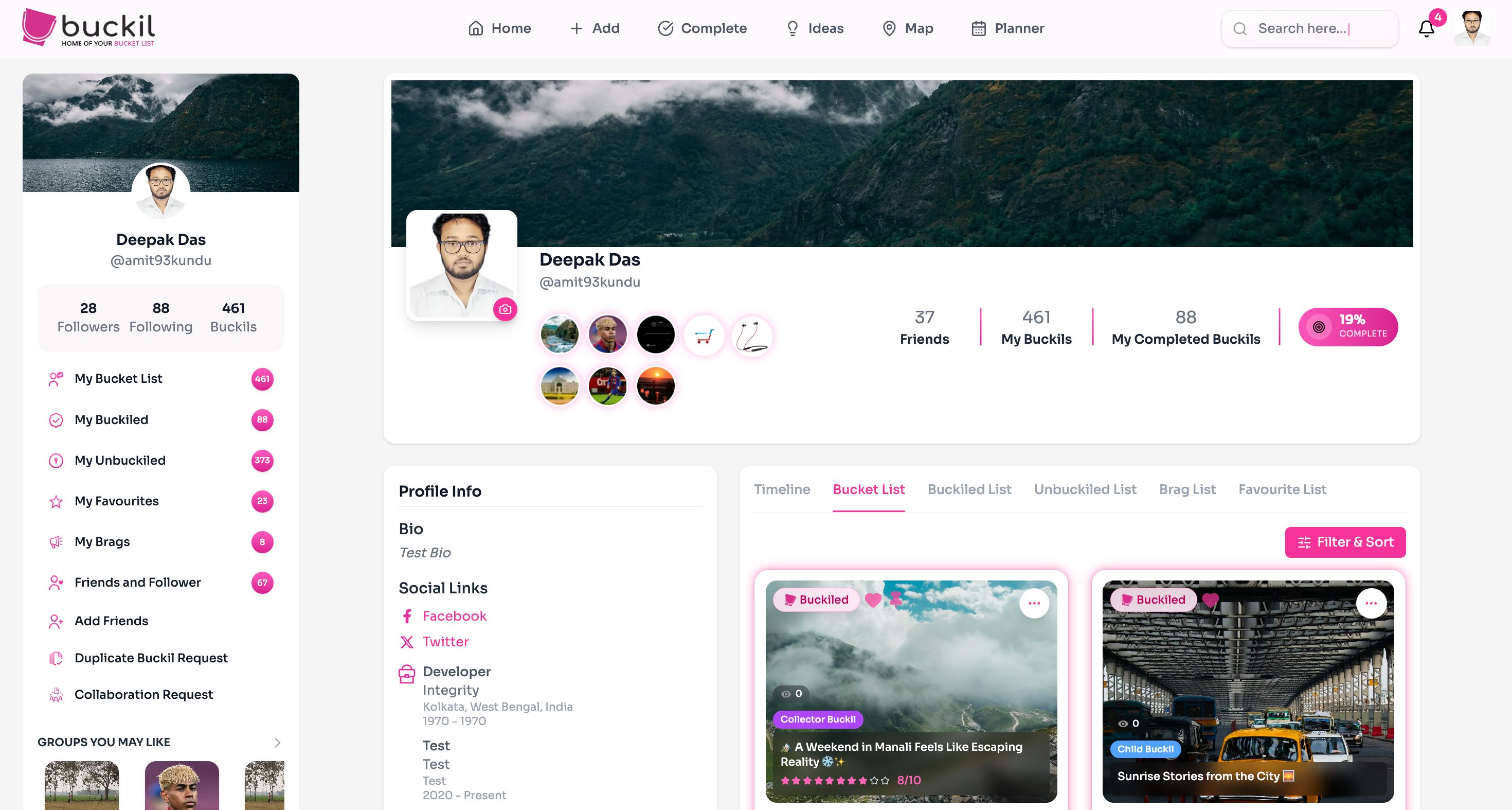 Buckil travel social platform profile screenshot