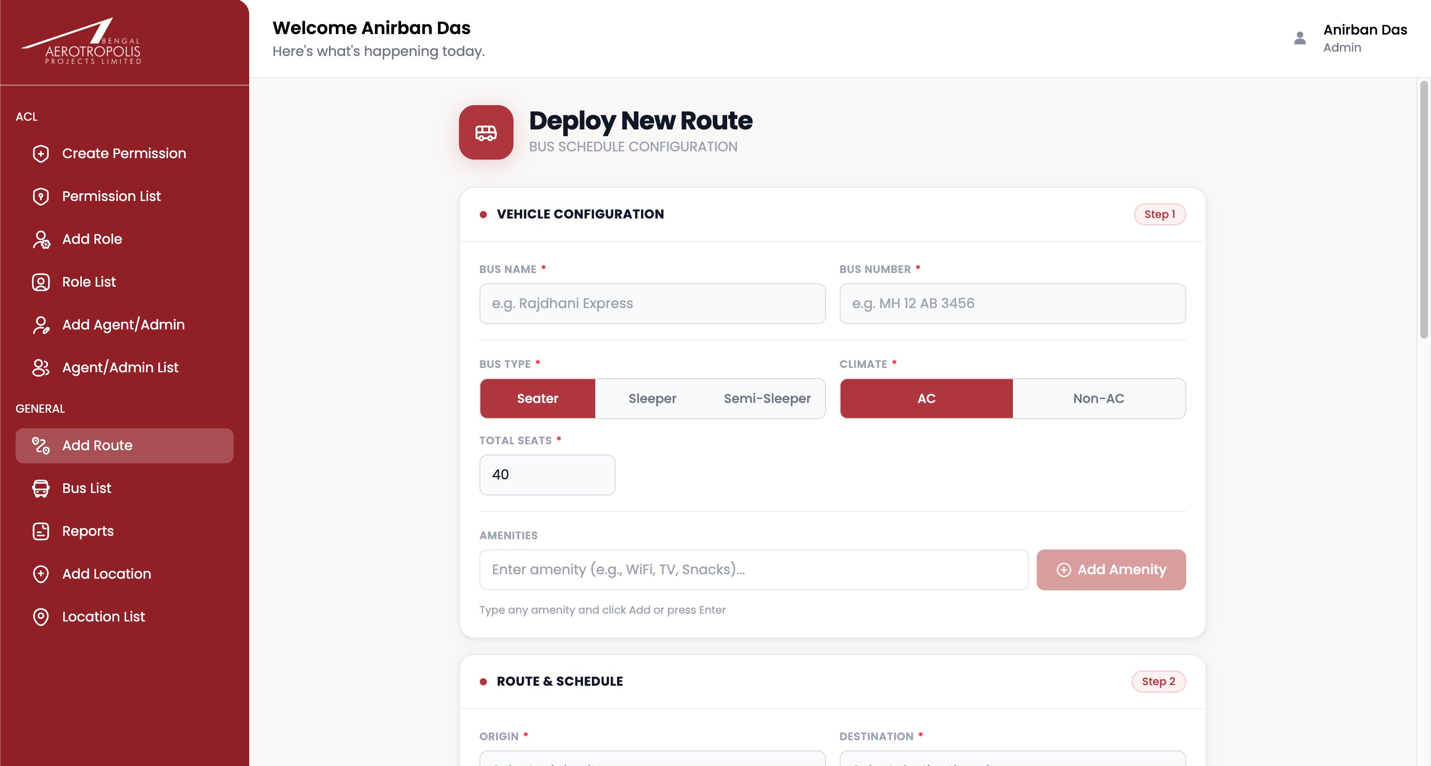 Bengal Aerotropolis bus booking admin screenshot
